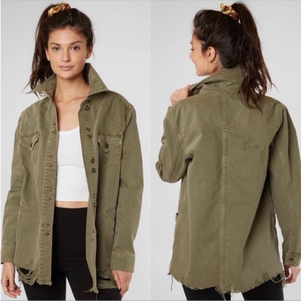 Free People Moonchild denim shirt jacket in olive green